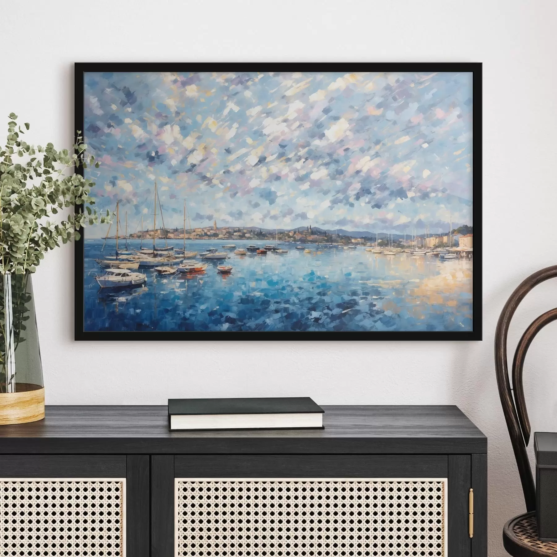 Fototapeedid Impressionistlik sadam paatide ja linnaga f48831