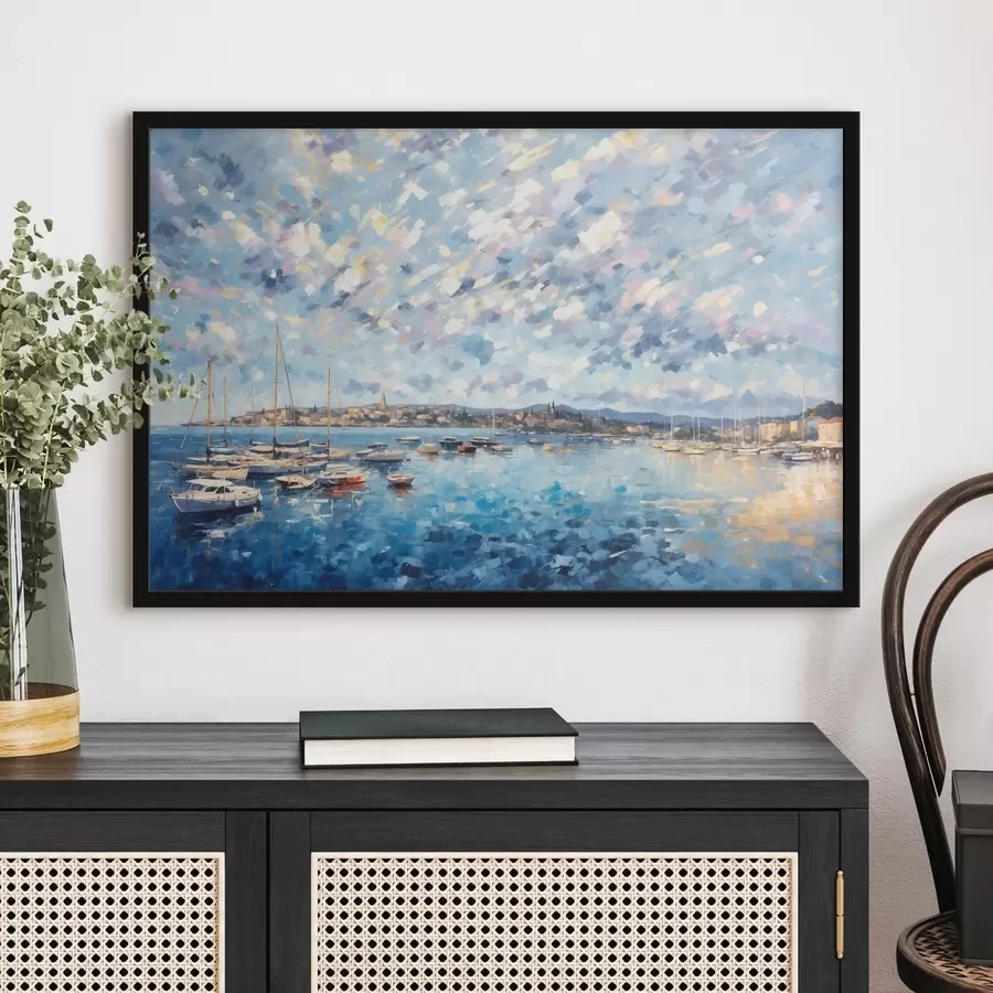 Fototapeedid Impressionistlik sadam paatide ja linnaga f48831