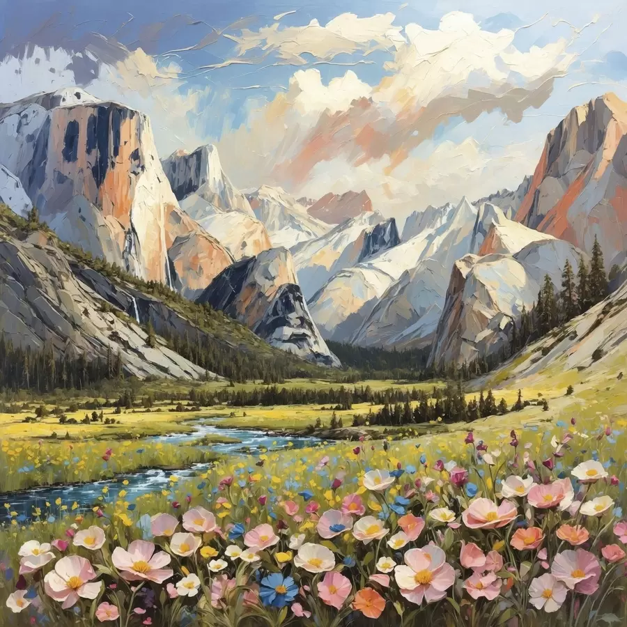 Fototapeedid Impressionistlik maal: mägine org jõega ja lilledega s48812