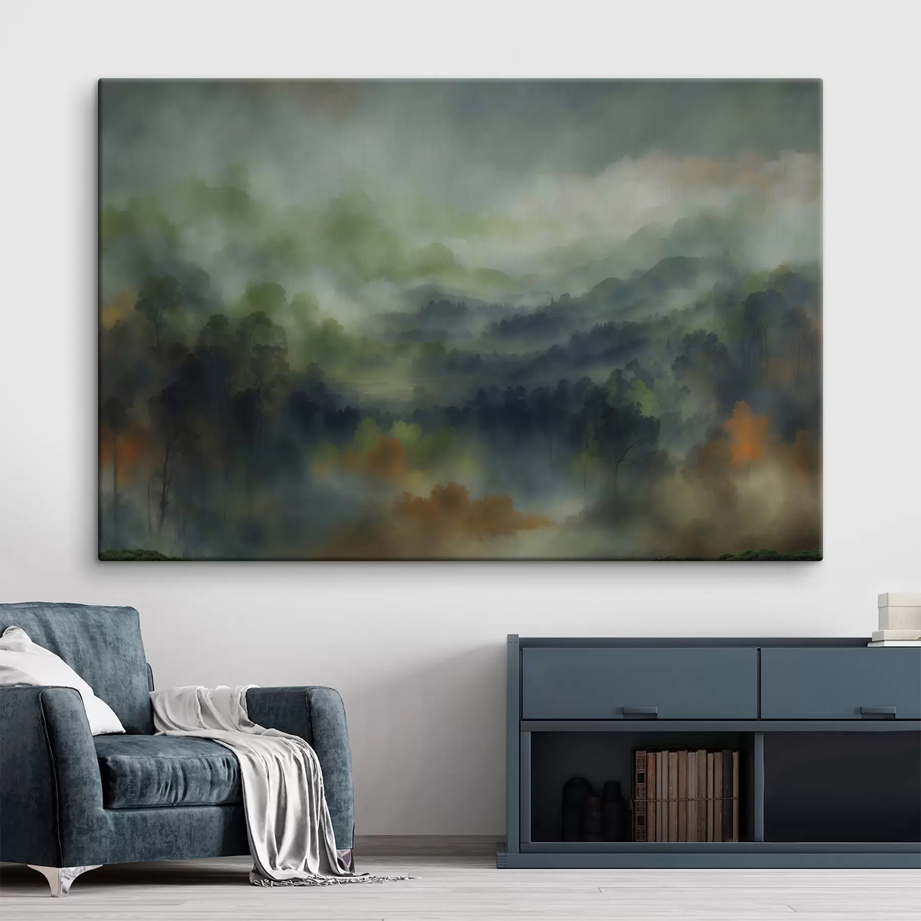 Fototapeedid Õhustikuga udune metsamaastik rohelistes toonides s48821