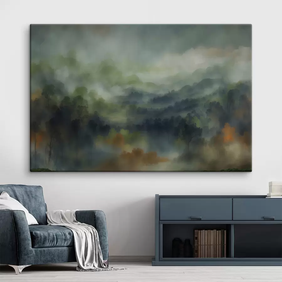 Pilt Õhustikuga udune metsamaastik rohelistes toonides s48821