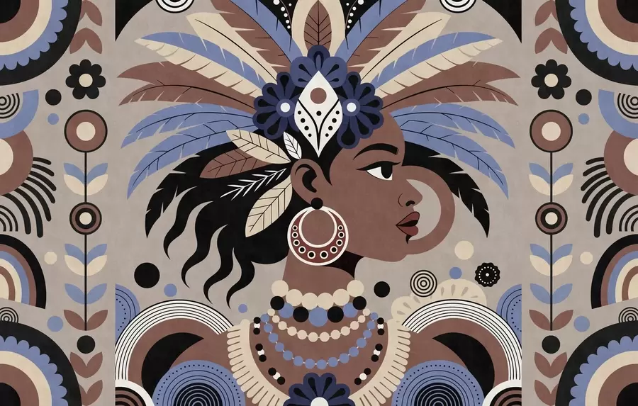 Fototapeedid stiilne Aafrika-teemaline disain sinistes ja šokolaadipruunides toonides w05389