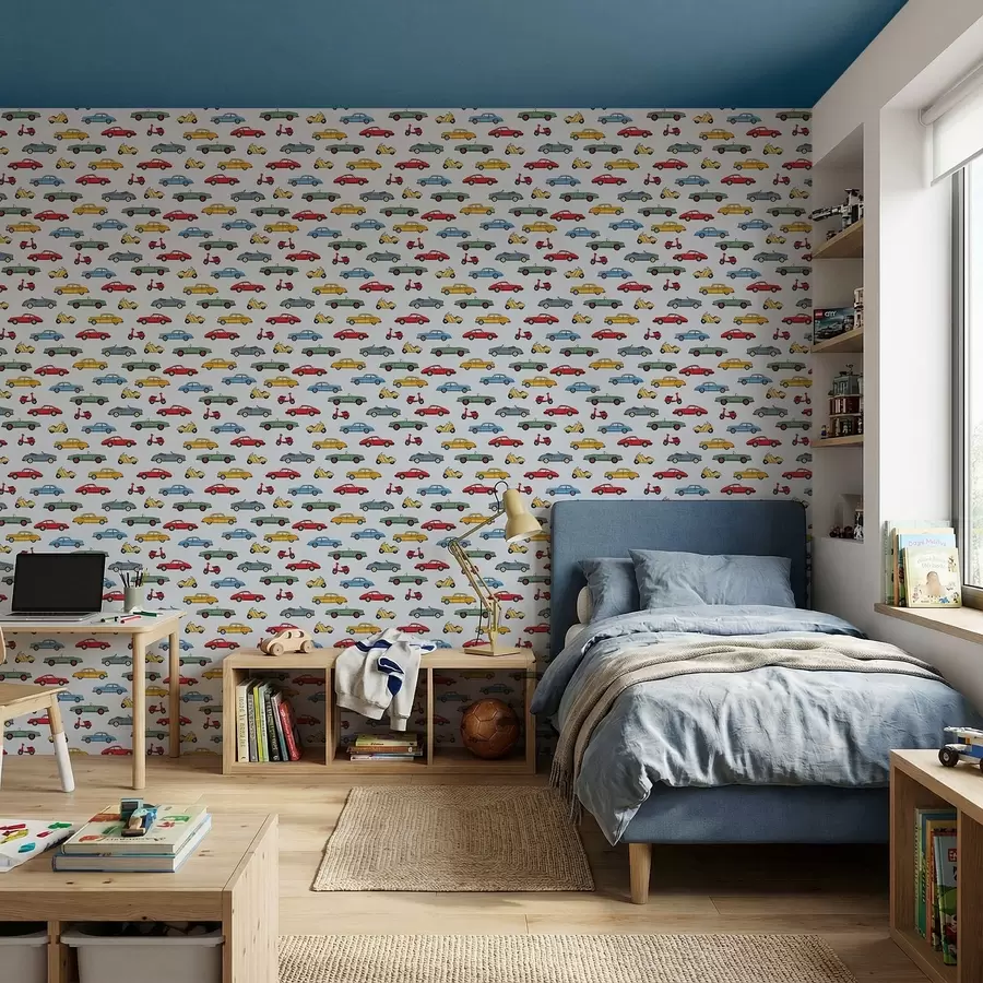 Fototapeedid Retroautod ja -rollerid sinisel taustal a01172v2