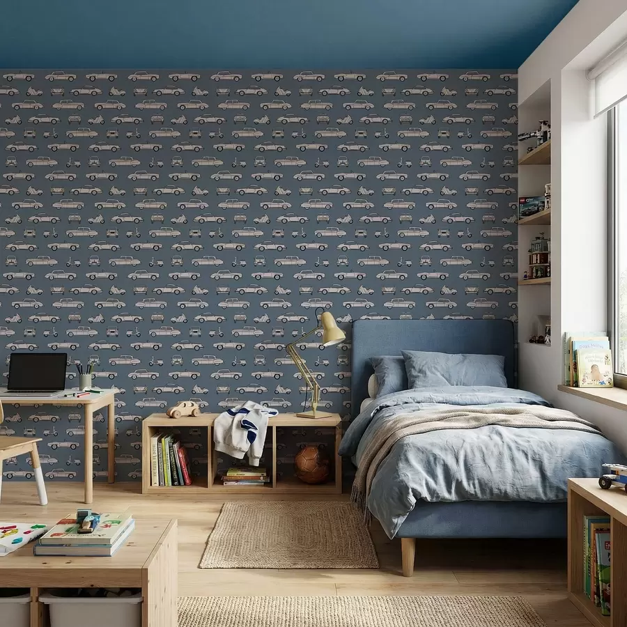 Fototapeedid Retroautod ja -rollerid sinisel taustal a01178