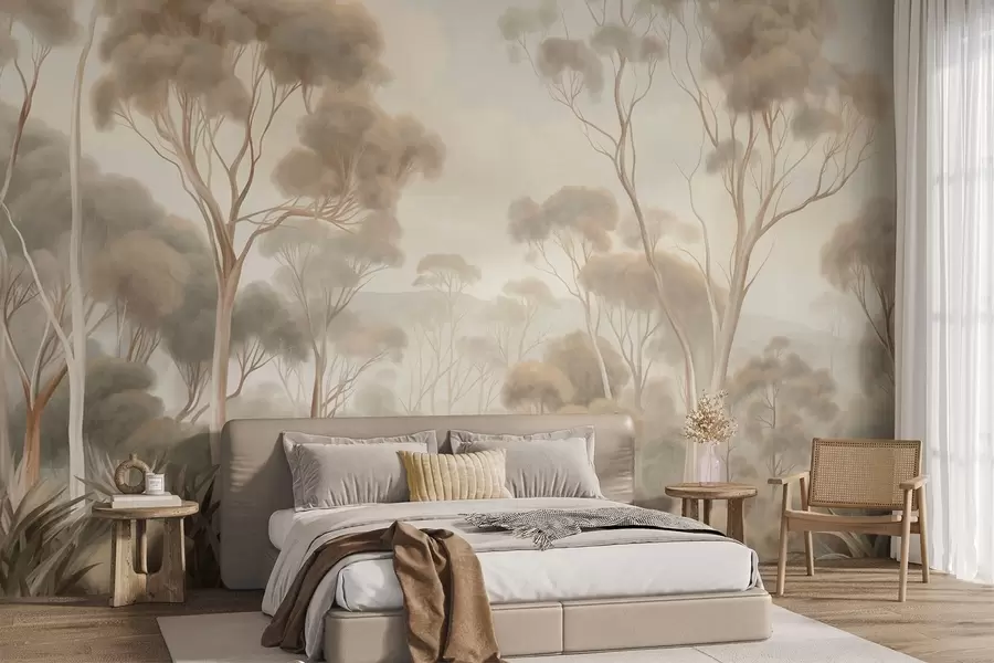 Fototapeedid Uduvõrkudes metsamaastik kõrgetega eukalüptipuudega, künklike mägedega pilvise taeva all, tekstuurne kunstiteos w09822