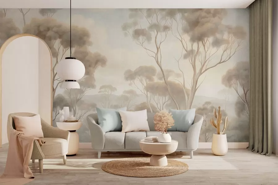 Fototapeedid Uduvõrkudes metsamaastik kõrgetega eukalüptipuudega, künklike mägedega pilvise taeva all, tekstuurne kunstiteos w09822