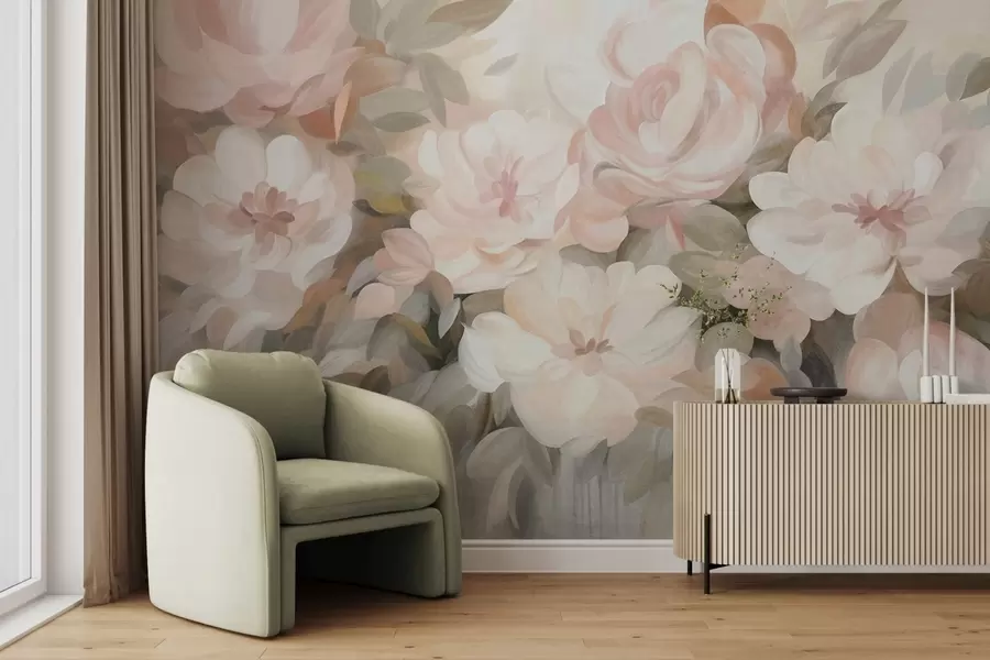 Fototapeedid Hele-roosad ja valged lilled roheliste lehtedega, maalitud stiilis, impressionistlikus stiilis, tekstuurne kunst w09824