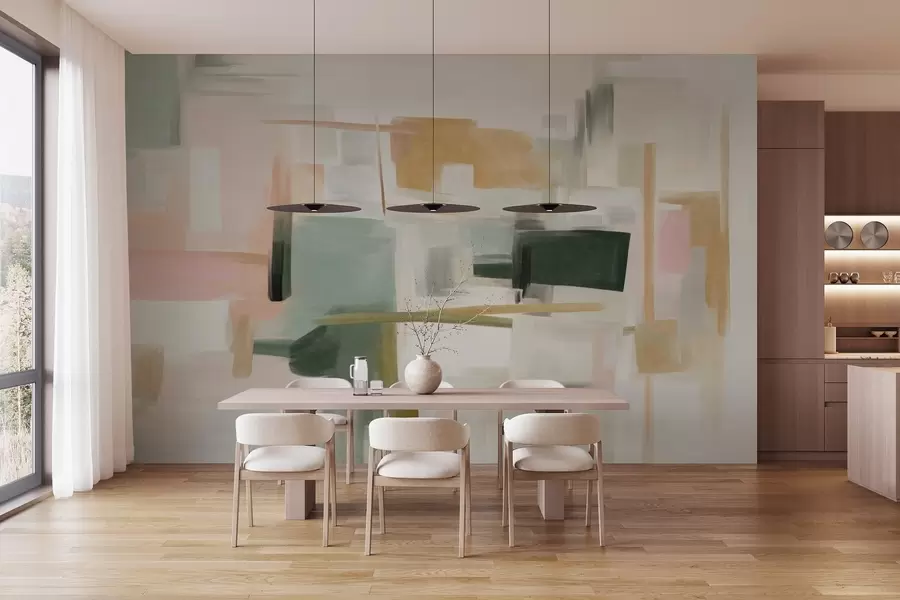 Fototapeedid Abstraktne minimalistlik maalikunst, milles domineerivad pehmed pastelltoonid, geomeetrilised kujundid ja jooned w09828