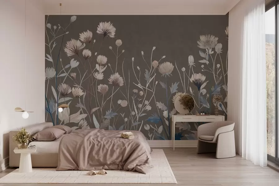 Fototapeedid Looduslikud põllurohud ja lilled, maalilises stiilis kujutatud hallikaspruuni taustal w05563v2