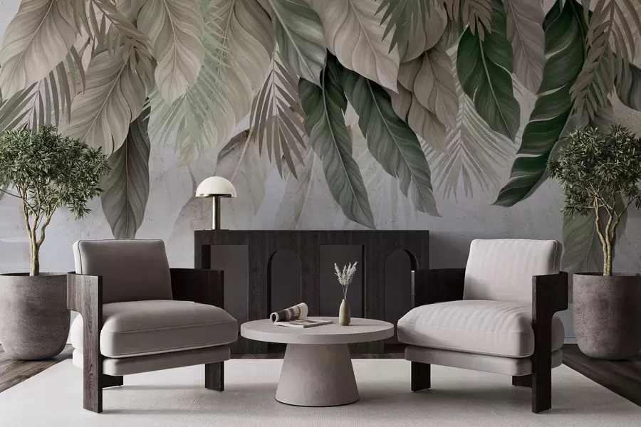 Fototapeedid Betoonil rippuvad troopilised lehed w05521