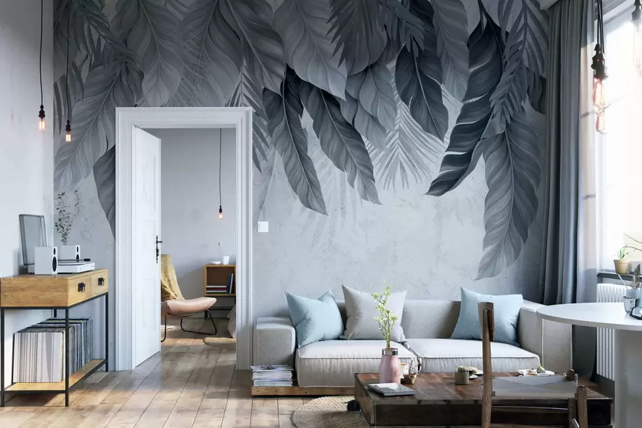 Fototapeedid Betoonil rippuvad troopilised lehed w05521v1