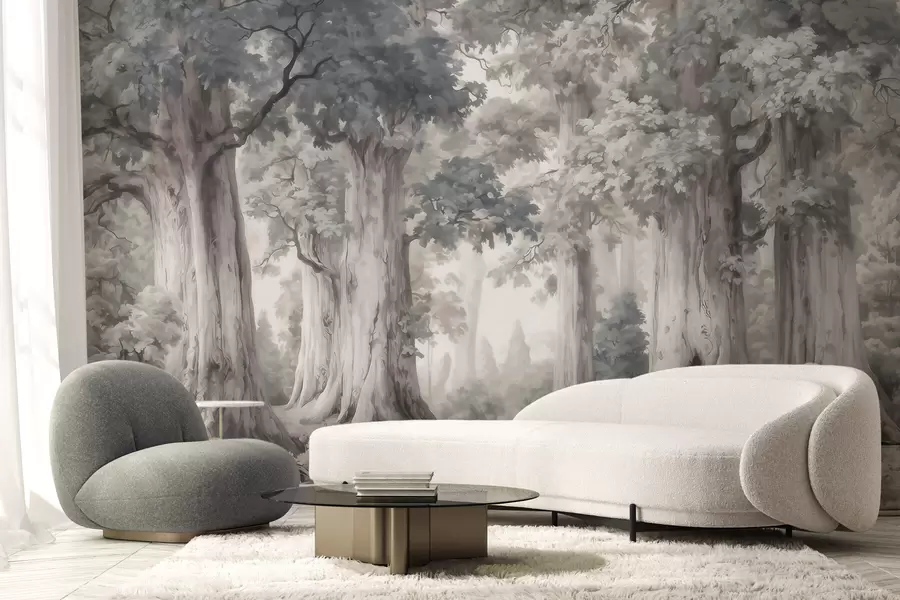 Fototapeedid Muinasjutuline mets kõrgetega puudega ja pehme, vaoshoitud värvipalettiga akvarellistiilis w09849