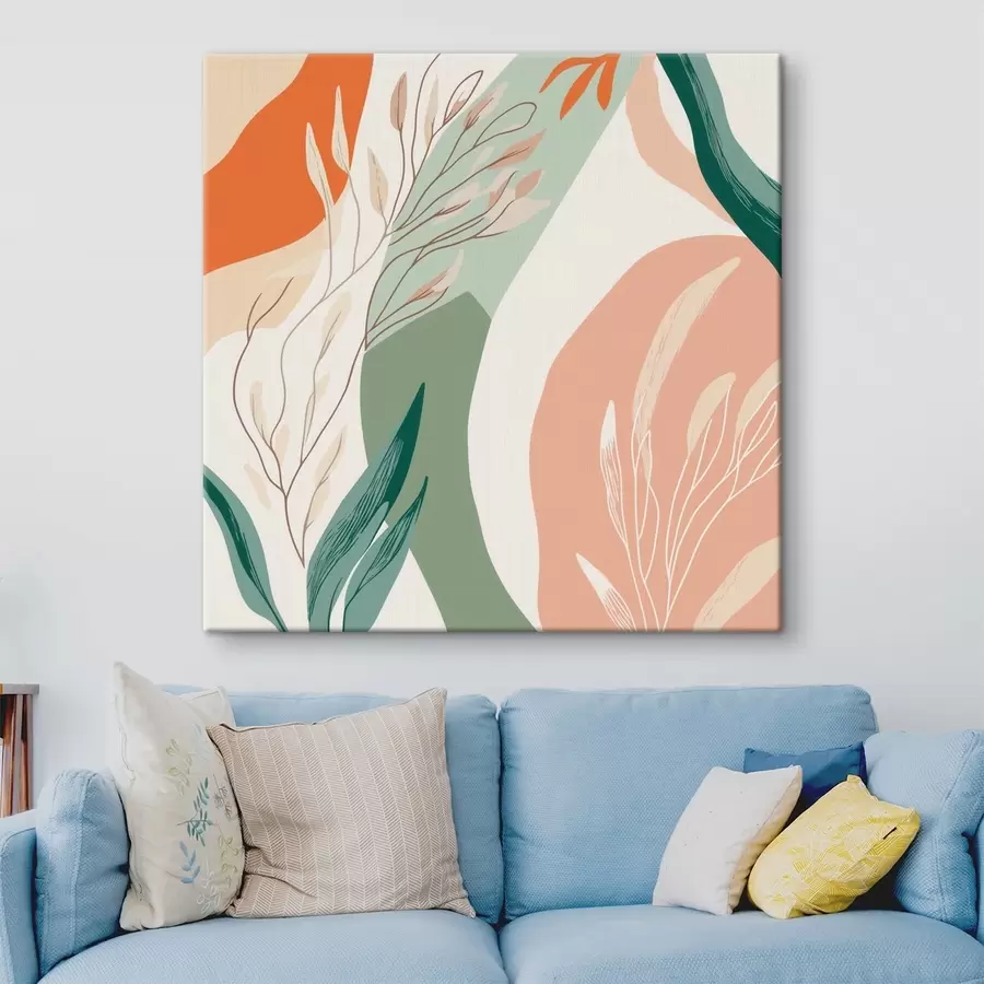 Pilt Botaaniline kunst pehmetes vormides korallrohelises värvipalettis s48840