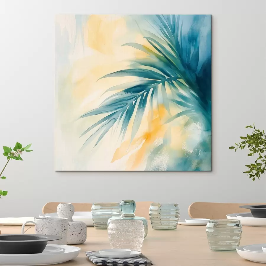 Pilt Troopilised palmilehed sinise-türkiissinises värvipalettis sooja akvarellilaigute taustal s48849