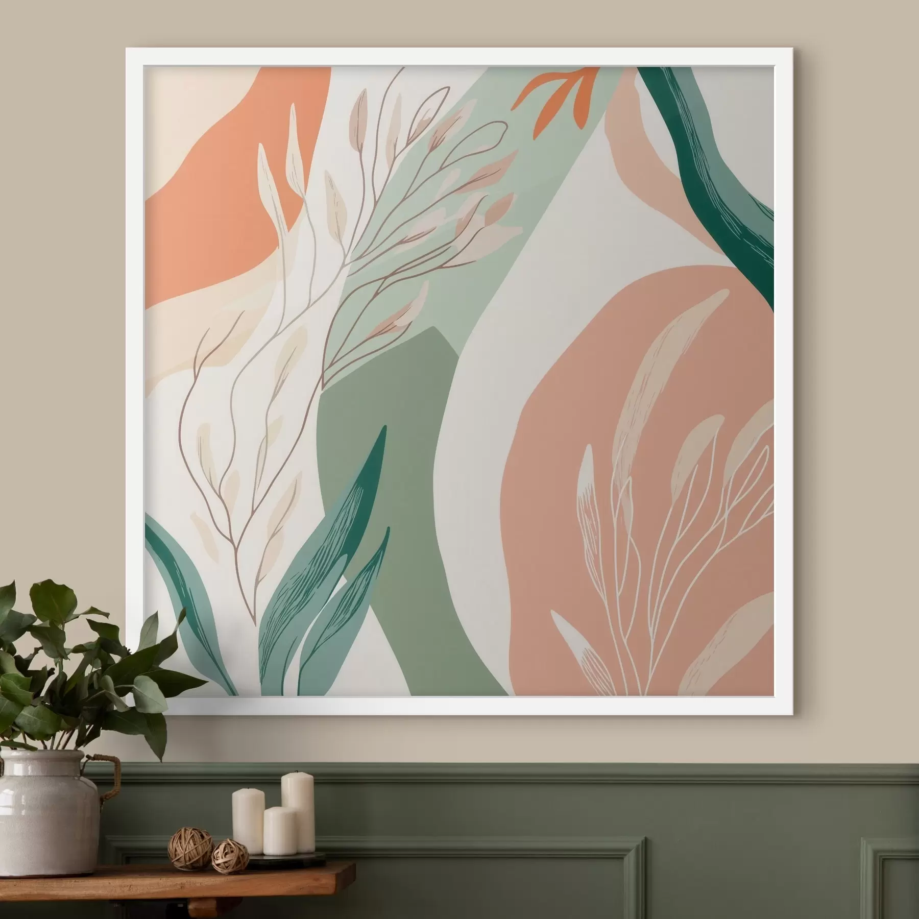Fototapeedid Botaaniline kunst pehmetes vormides korallrohelises värvipalettis f48840