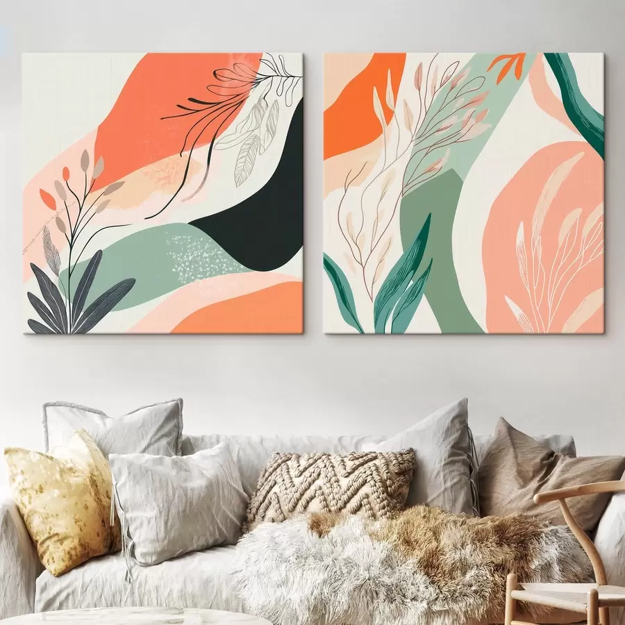 Pilt Abstraktne diptühhon taimemotiividega ja värviliste laikudega kaasaegses stiilis m30347