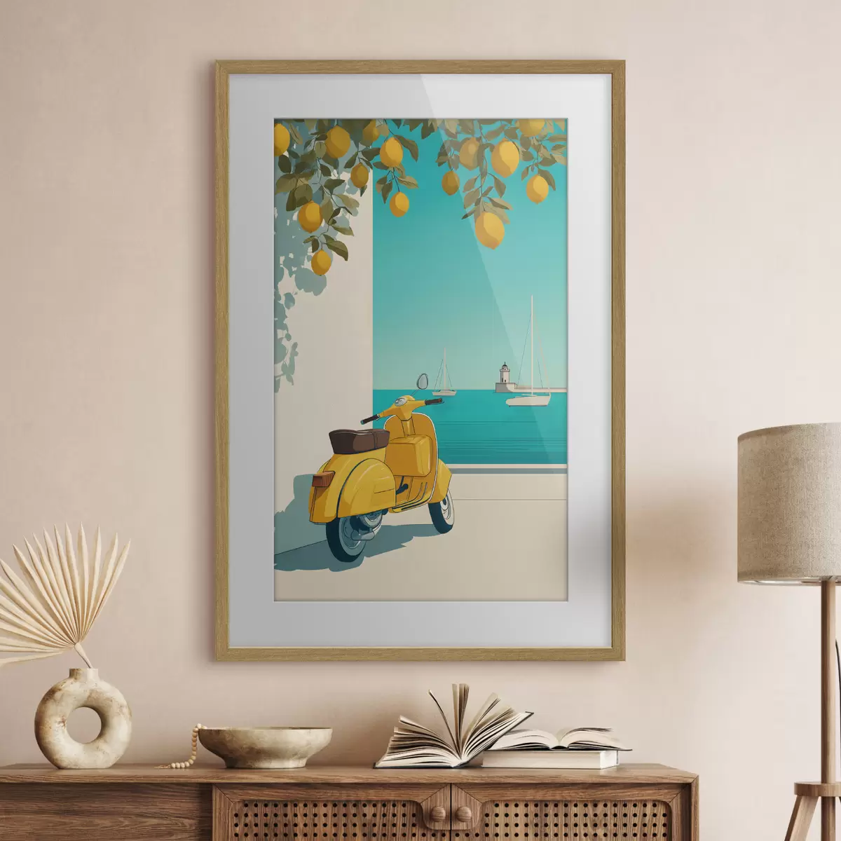 Plakat mopeed mere ääres sidrunipuude all f49008