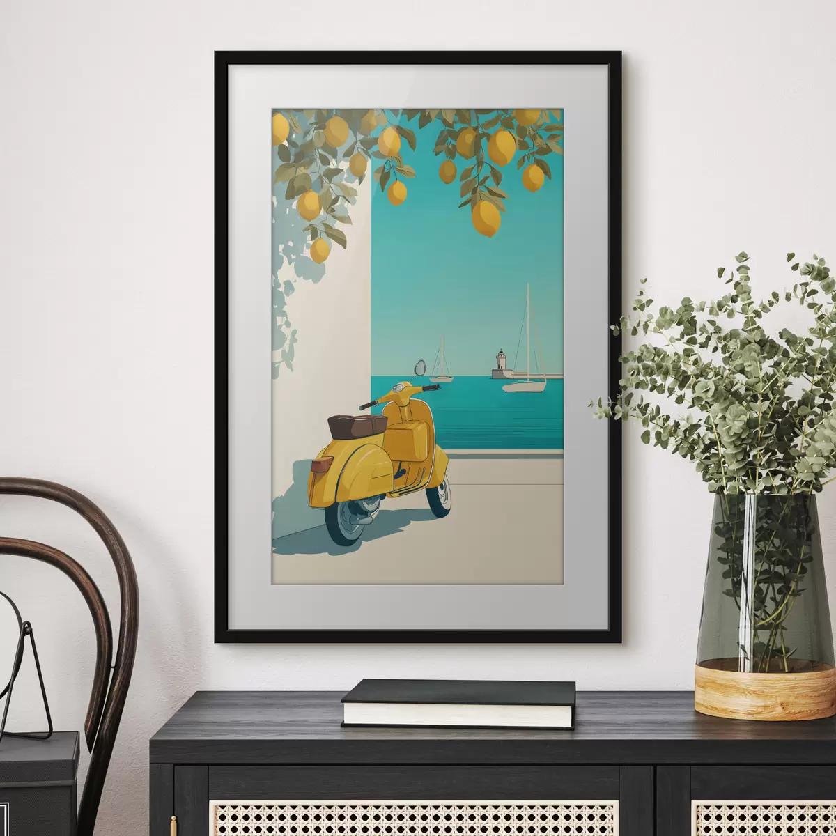 Plakat mopeed mere ääres sidrunipuude all f49008