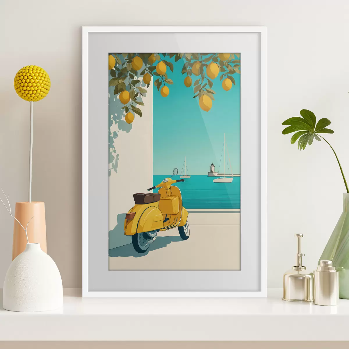 Plakat mopeed mere ääres sidrunipuude all f49008