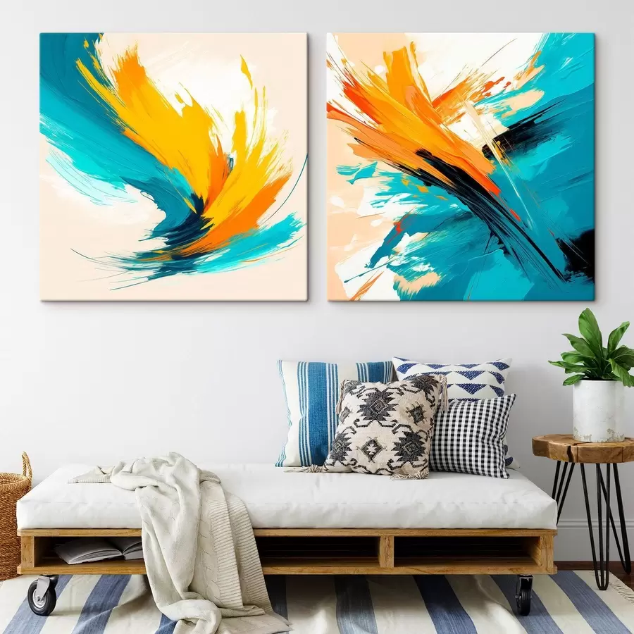 Pilt Dünaamilised pintslitõmbed türkiisi-oranžis värvipalettis kaasaegses kunstistiilis m30354