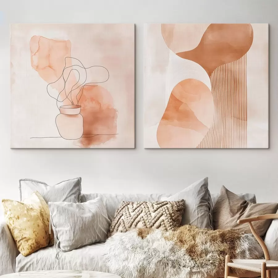 Pilt Minimalistlikus stiilis abstraktsed kujundid beež-virsiku värvitoonis, millele lisavad aktsenti sirgjoonelised elemendid m30361