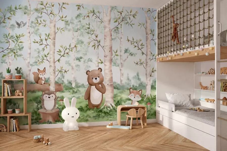 Fototapeedid Lasteillustratsioon metsast, millel on kujutatud karu, rebane ja siil w05532