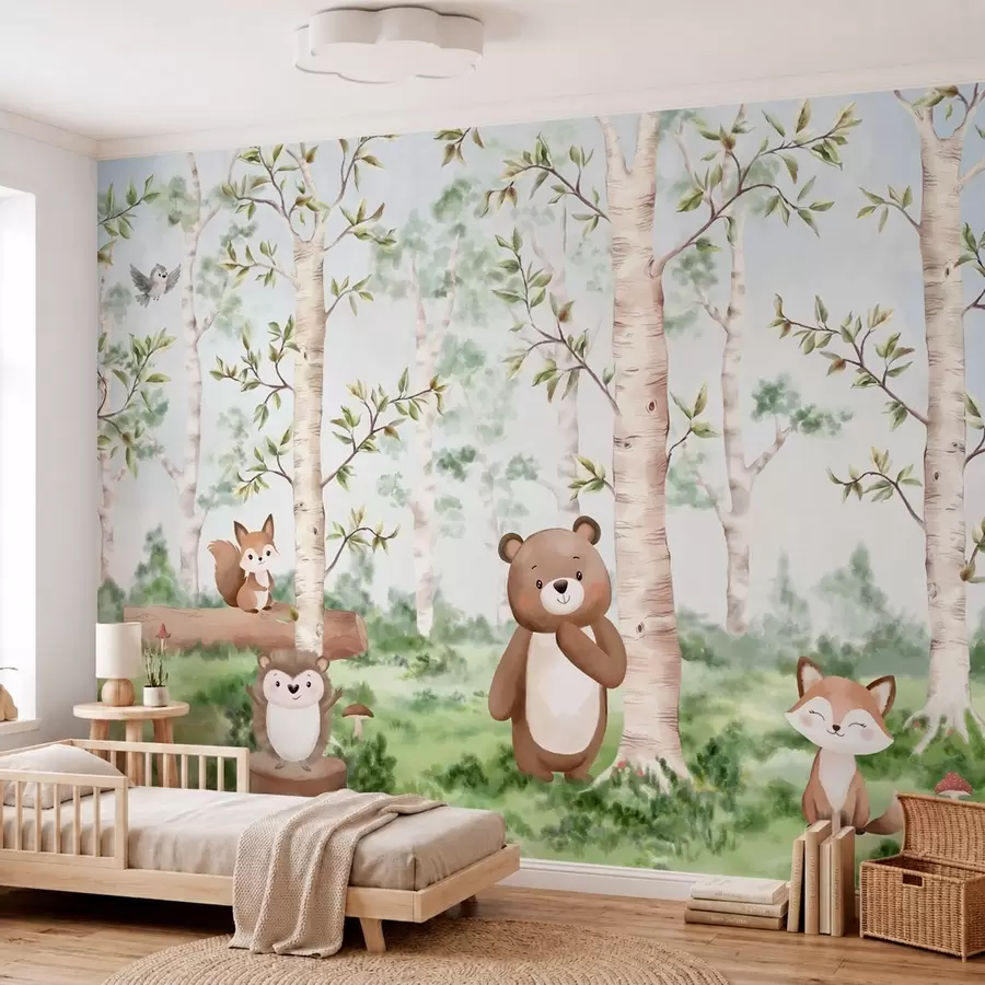 Fototapeedid Lasteillustratsioon metsast, millel on kujutatud karu, rebane ja siil w05532