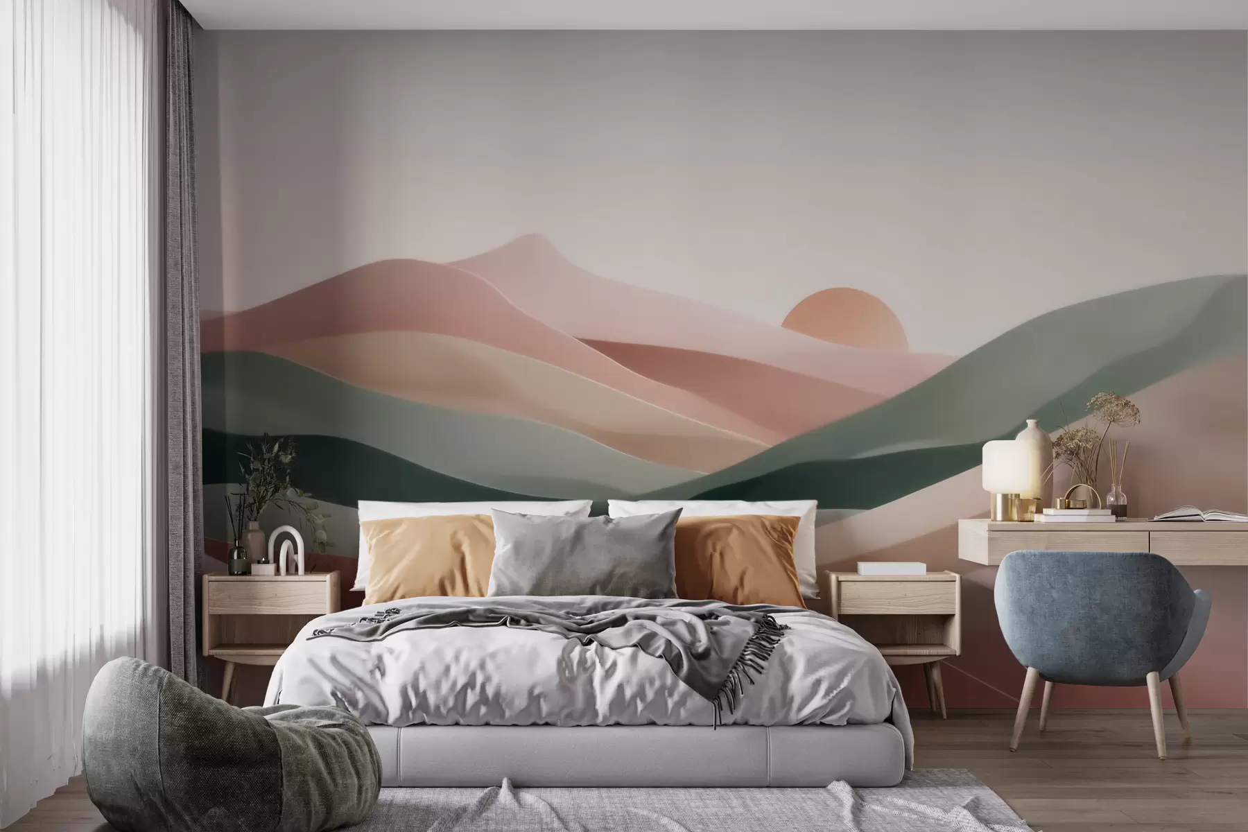 Fototapeedid Abstraktne kõrbelandskapp pastellrohelise ja -roosa värvipalettis, minimalism w09860