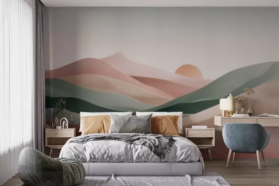 Fototapeedid Abstraktne kõrbelandskapp pastellrohelise ja -roosa värvipalettis, minimalism w09860