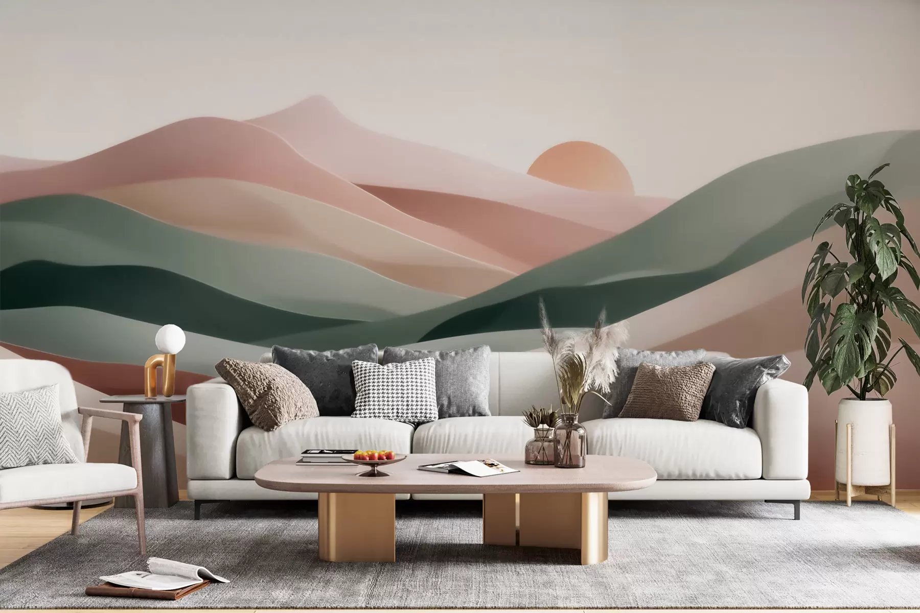Fototapeedid Abstraktne kõrbelandskapp pastellrohelise ja -roosa värvipalettis, minimalism w09860