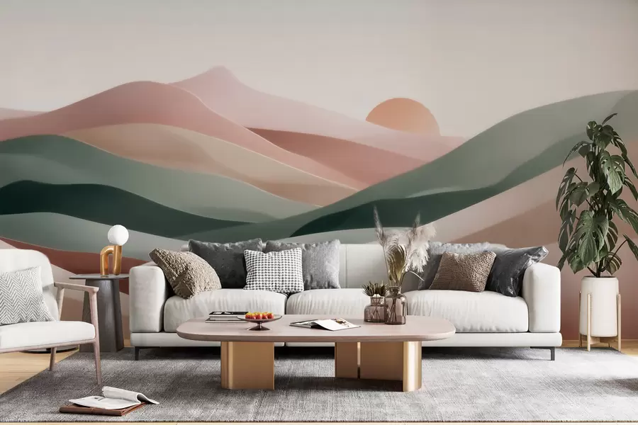 Fototapeedid Abstraktne kõrbelandskapp pastellrohelise ja -roosa värvipalettis, minimalism w09860