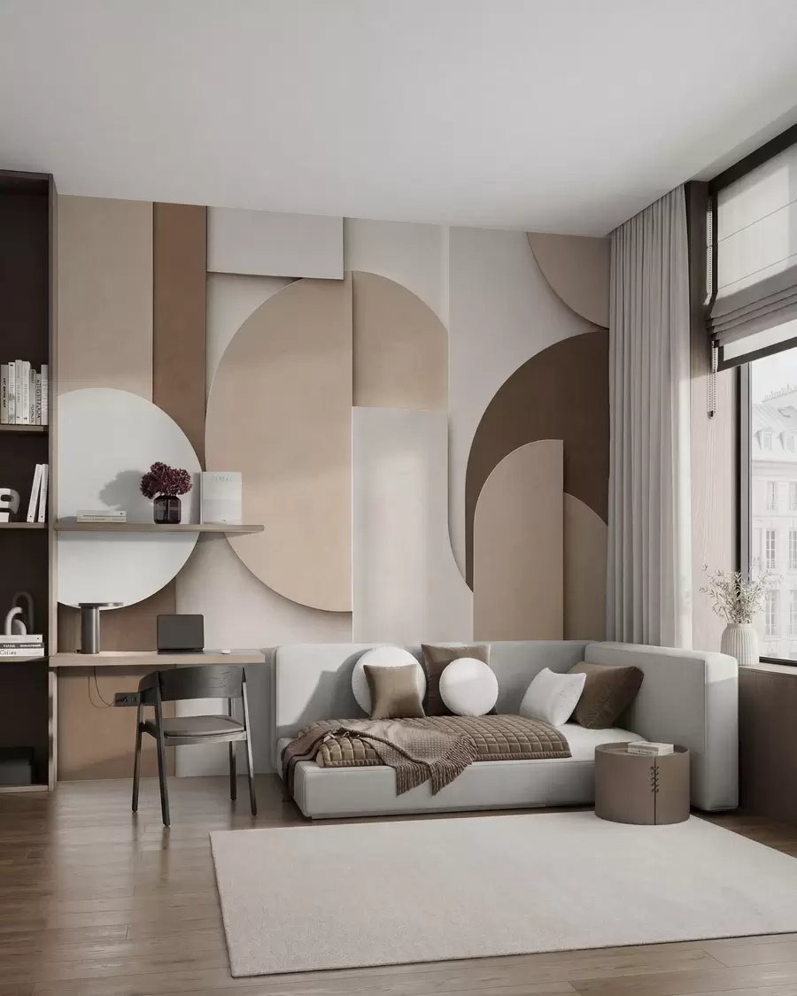 Fototapeedid Tekstuuriga beežid geomeetrilised kujundid kihilises 3D-kompositsioonis, minimalistlik ja kaasaegne seinakaunistus w05598