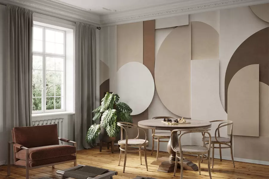 Fototapeedid Tekstuuriga beežid geomeetrilised kujundid kihilises 3D-kompositsioonis, minimalistlik ja kaasaegne seinakaunistus w05598