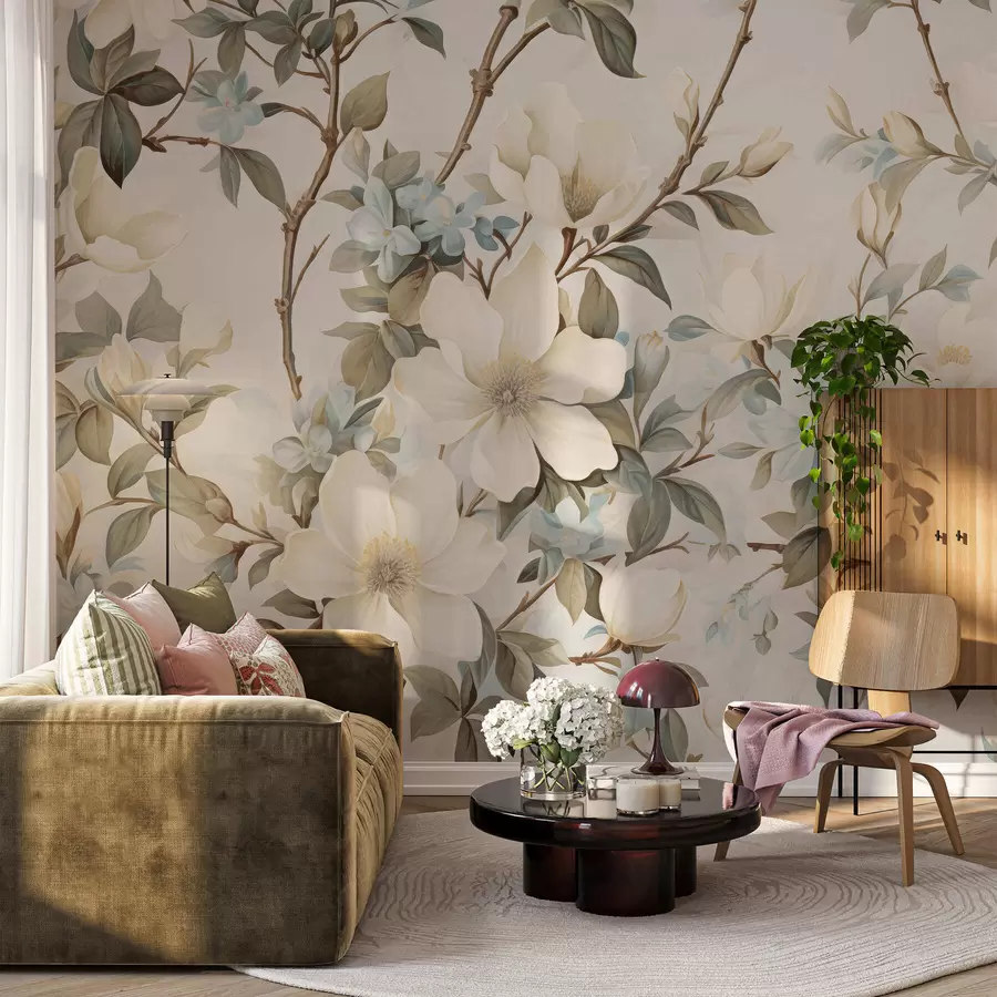 Fototapeedid Õrnad lilled ja pehmed rohelised lehed maalilises vintage-stiilis, millel on peenikesed pintslitõmbed w05601