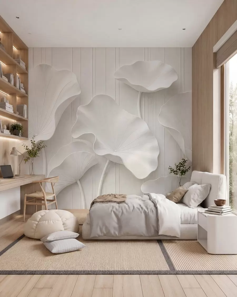 Fototapeedid Valge skulpturaalne lillereljeef kihiliste kroonlehtedega, elegantne 3D-seinaekraan w05604