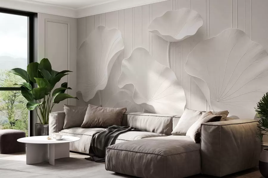 Fototapeedid Valge skulpturaalne lillereljeef kihiliste kroonlehtedega, elegantne 3D-seinaekraan w05604