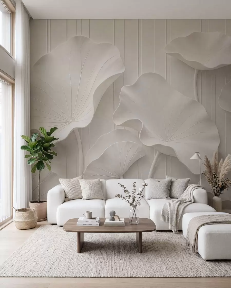 Fototapeedid Valge skulpturaalne lillereljeef kihiliste kroonlehtedega, elegantne 3D-seinaekraan w05604