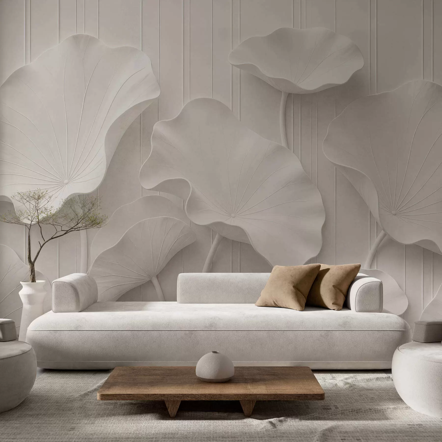 Fototapeedid Valge skulpturaalne lillereljeef kihiliste kroonlehtedega, elegantne 3D-seinaekraan w05604