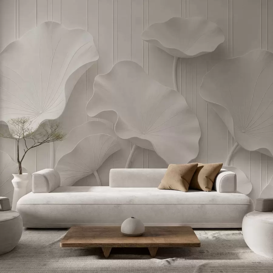 Fototapeedid Valge skulpturaalne lillereljeef kihiliste kroonlehtedega, elegantne 3D-seinaekraan w05604
