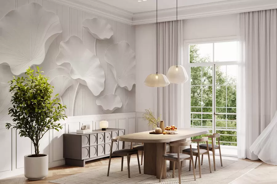 Fototapeedid Valge skulpturaalne lillereljeef kihiliste kroonlehtedega, elegantne 3D-seinaekraan w05604