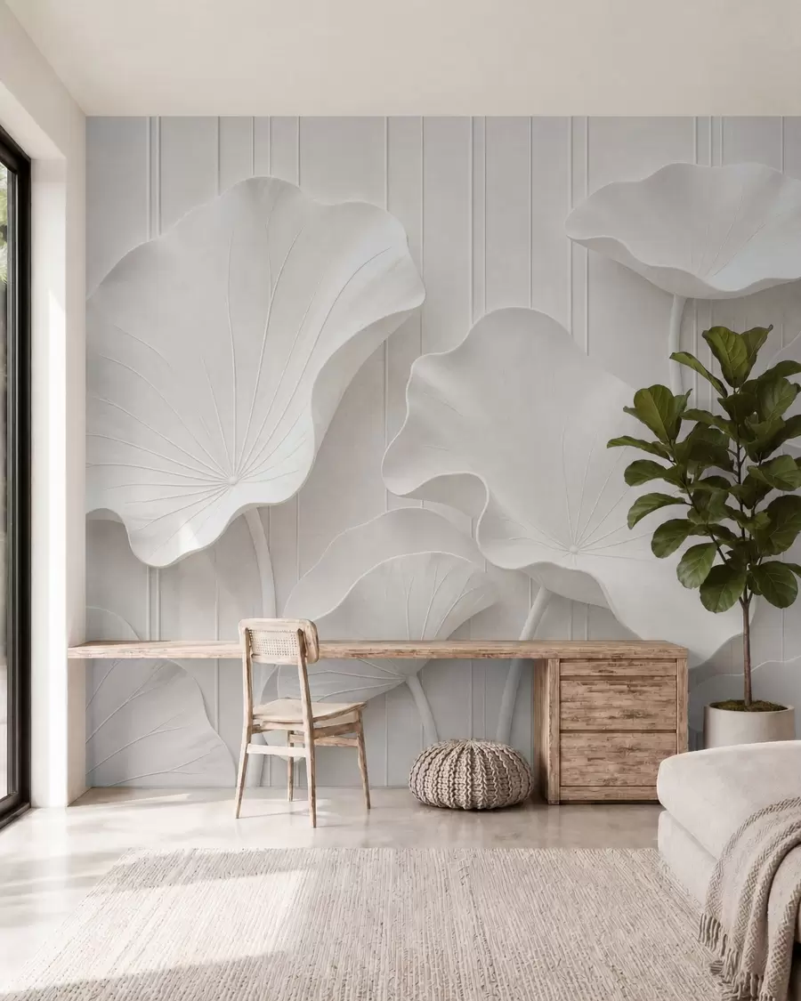 Fototapeedid Valge skulpturaalne lillereljeef kihiliste kroonlehtedega, elegantne 3D-seinaekraan w05604