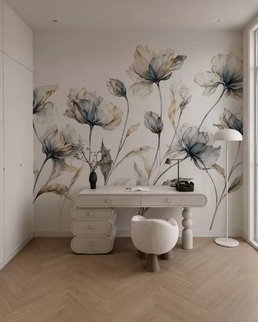 Fototapeedid Elegantsed õhulised lilled läbipaistvate kihiliste kroonlehtedega pikkadel õrgetel varretel w05579