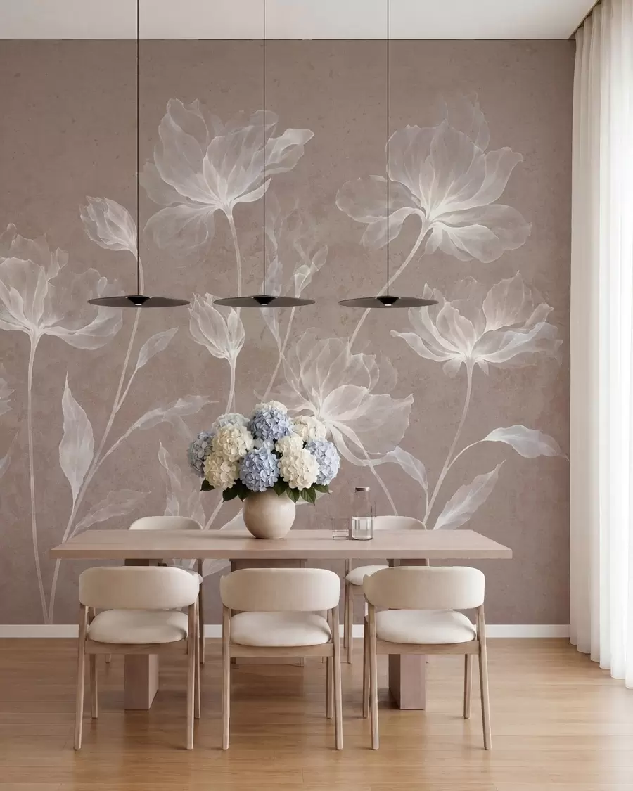 Fototapeedid Elegantsed õhulised lilled läbipaistvate kihiliste kroonlehtedega pikkadel õrgetel varretel w05579v3