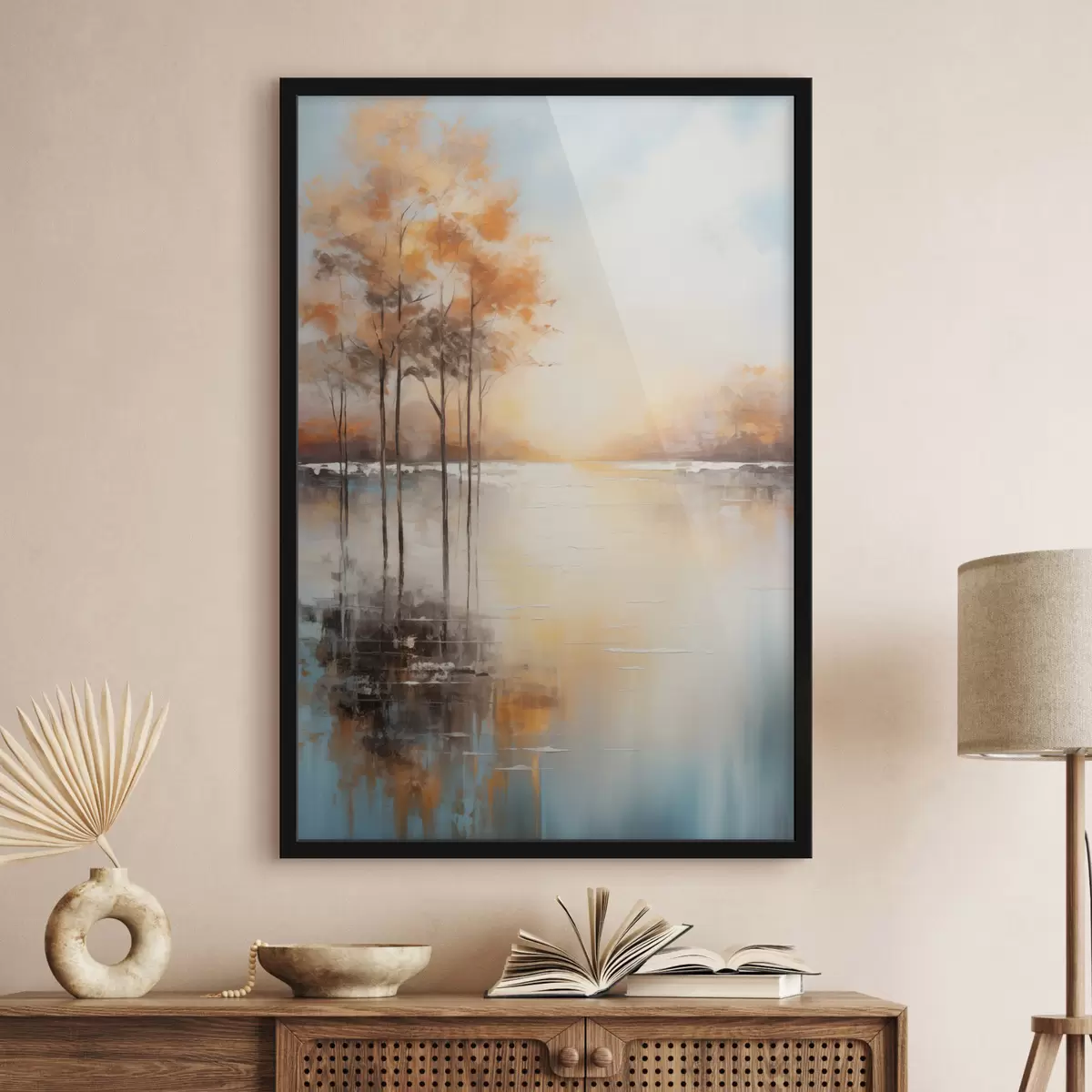 Plakat Maastik, oranžilehelised puud, järv, taustal päike f49152