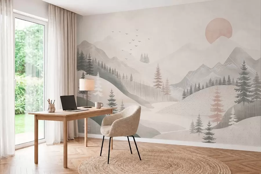 Fototapeedid Minimalistlik mägimaastik mändidega w05626