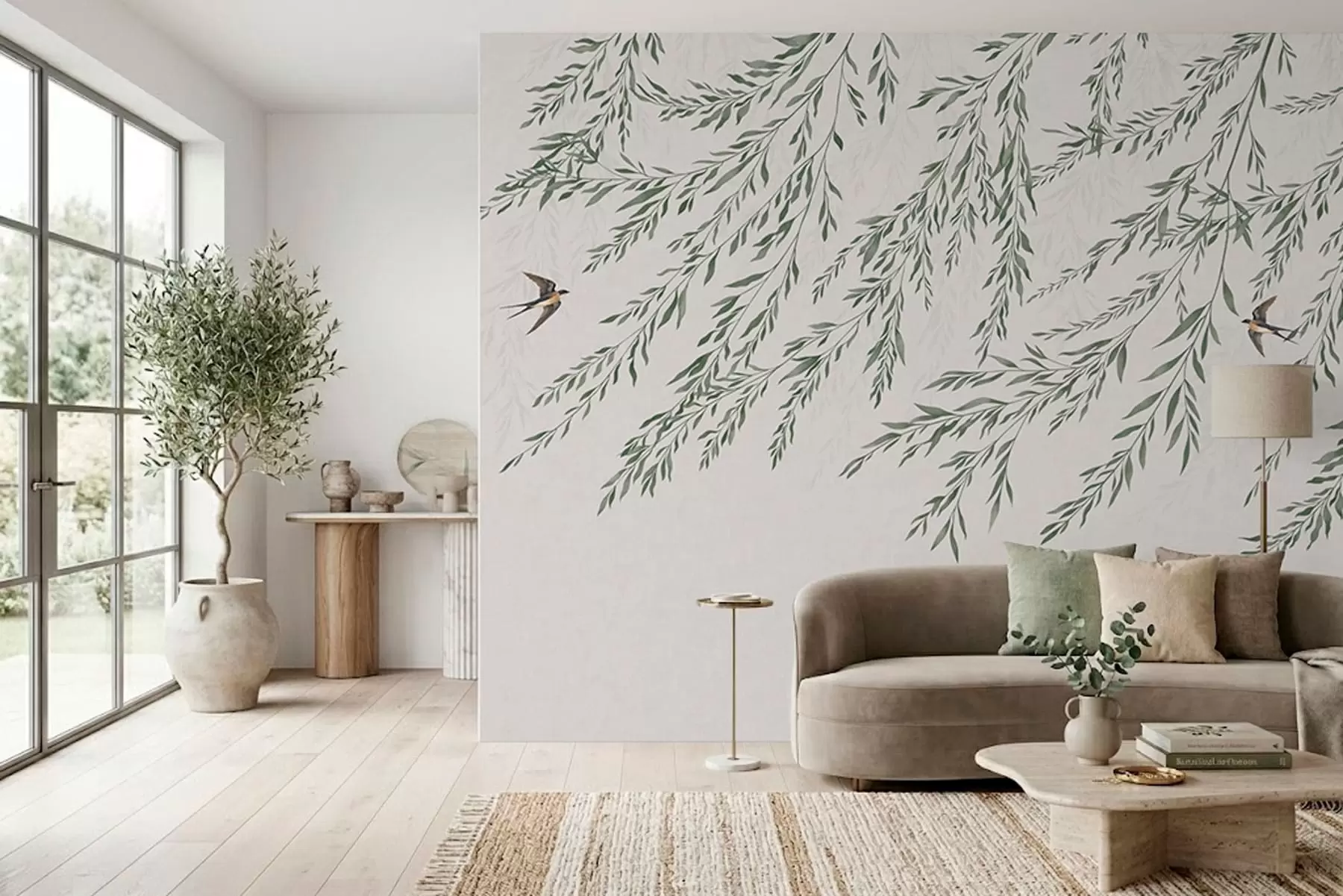 Fototapeedid Rohelised oksad ja linnud heledal taustal w05630