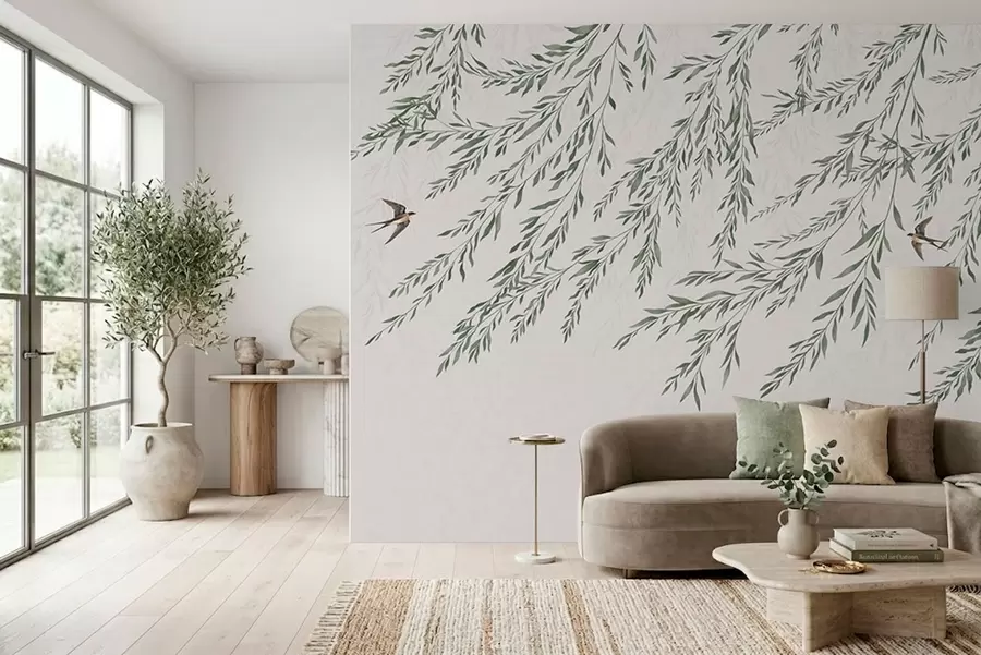 Fototapeedid Rohelised oksad ja linnud heledal taustal w05630