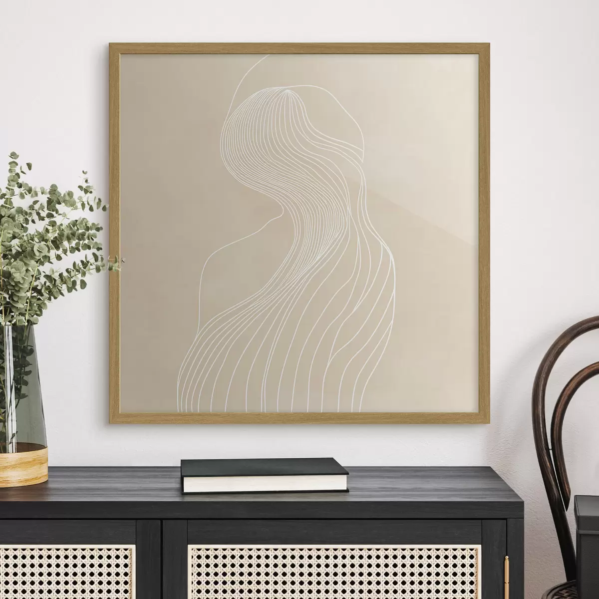Plakat Minimalistlikus stiilis abstraktne naise siluett valgetest joontest f48875