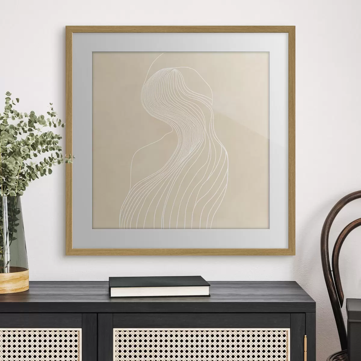 Plakat Minimalistlikus stiilis abstraktne naise siluett valgetest joontest f48875