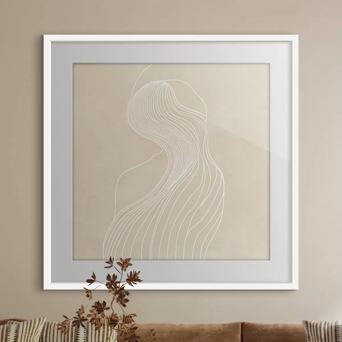 Plakat Minimalistlikus stiilis abstraktne naise siluett valgetest joontest f48875